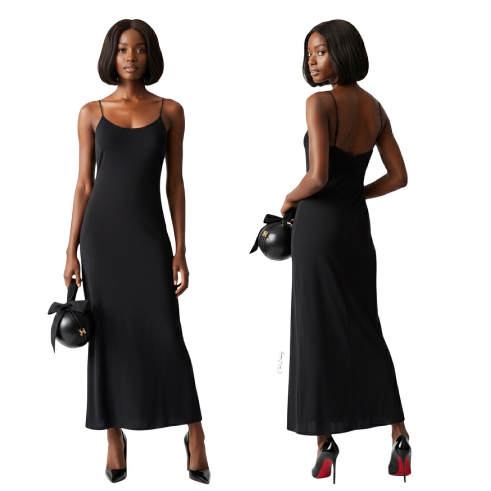 Vintage 1980s Ann Taylor Black Maxi Dress with Beaded Straps